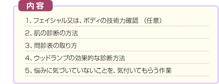 １、フェイシャル又は、ボディの技術力確認 （任意）　２、肌の診断の方法　３、問診表の取り方　４、ウッドランプの効果的な診断方法　５、悩みに気づいていないことを、気付いてもらう作業