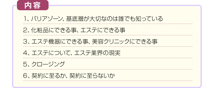 １、バリアゾーン、基底層が大切なのは誰でも知っている　２、化粧品にできる事、エステにできる事　３、エステ機器にできる事、美容クリニックにできる事　４、エステについて、エステ業界の現実　５、クロージング　６、契約に至るか、契約に至らないか