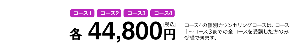各 44,800円　コース4の個別カウンセリングコースは、コース１〜コース３までの全コースを受講した方のみ受講できます。
